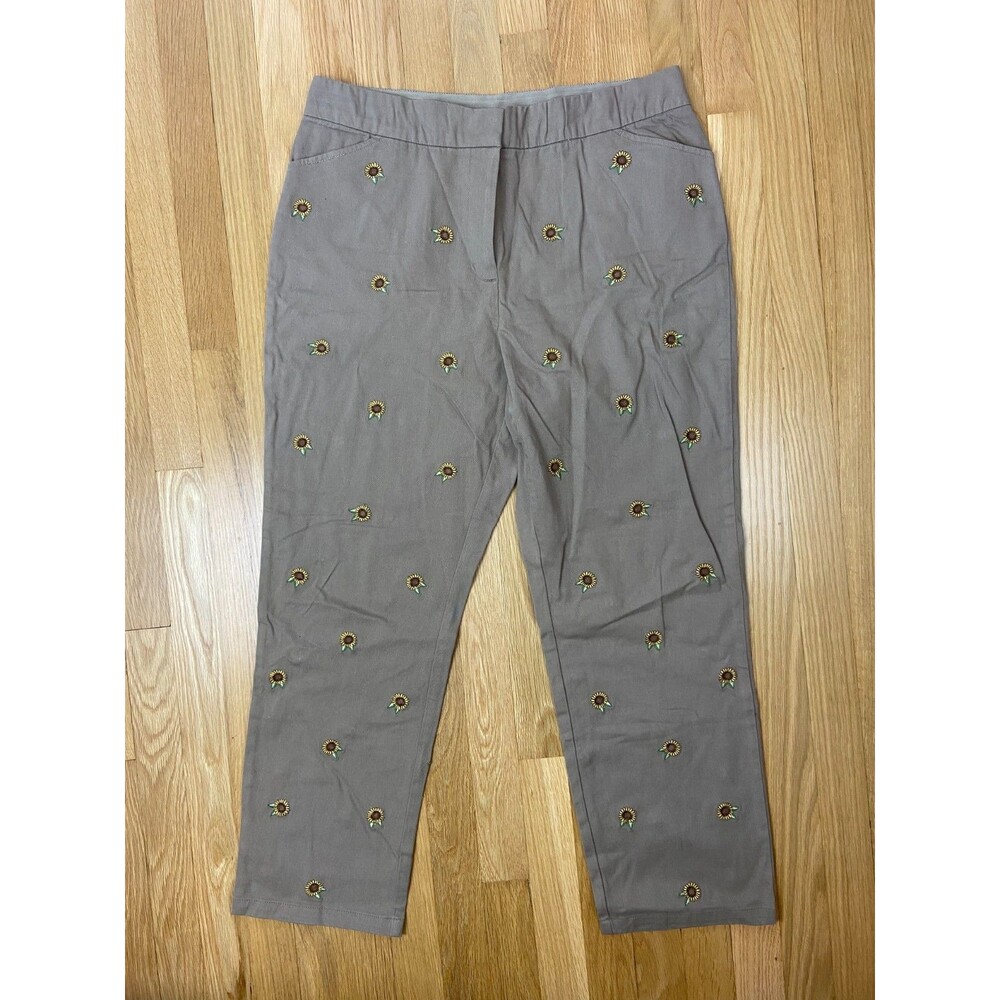 Appleseeds Petite Brown Pants Women's Size 16P Embroidered Sunflowers Stretch